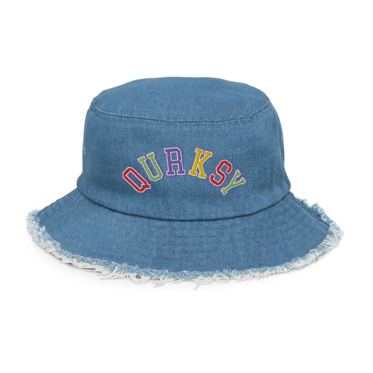 Qurksy Varsity Distressed Denim Bucket Hat